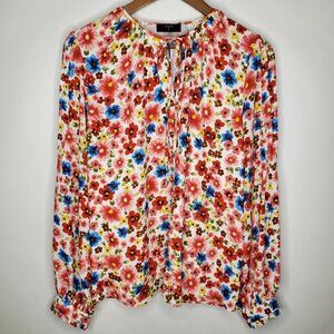 Tahari Womens Colorful Floral Blouse Size L Tie Neck Blouson Sleeve Career Work